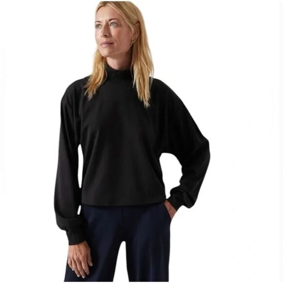 ATHLETA Venice Sweatshirt M Black Turtleneck Mock Neck Top Lounge Travel - Picture 1 of 5
